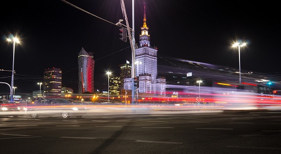 Palace of culture by night in Warsaw